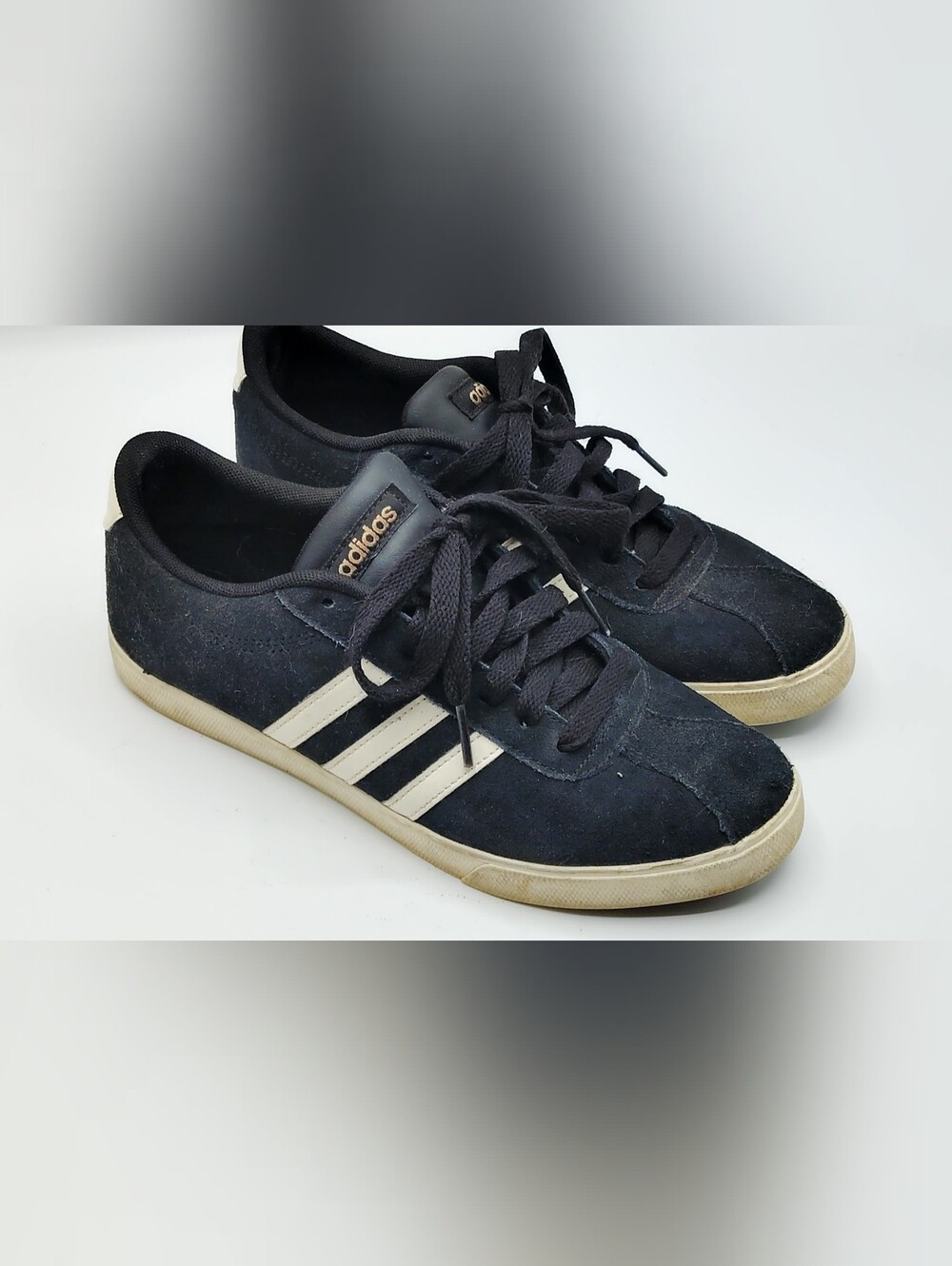 Adidas Women’s Black Suede Sneakers with White Stripes